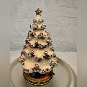 Glittery White Snowy Christmas Tree Pink Ornaments Star Jeweled Trinket Box